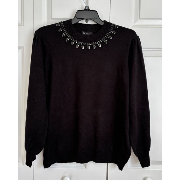 WOMEN'S BLACK JEWELED SWEATER CREW NECK LONG SLEEVE KNIT SIZE 2X G GREIGE - Picture 4 of 10
